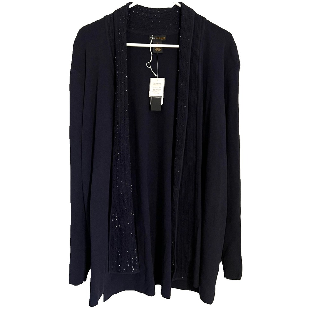 Grace Dane Lewis Cardigan Sweater Women 2X Blue Open Sequin Trim Nylon/Rayon NWT